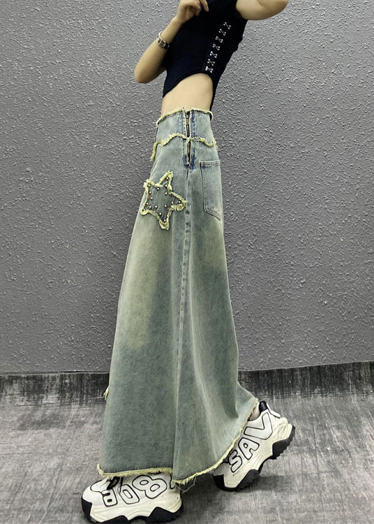 Blue Tasseled Nail Bead High Waist Denim Skirts Spring