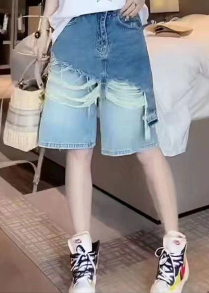 Blue Tasseled Patchwork False Two Pieces Denim Shorts Summer