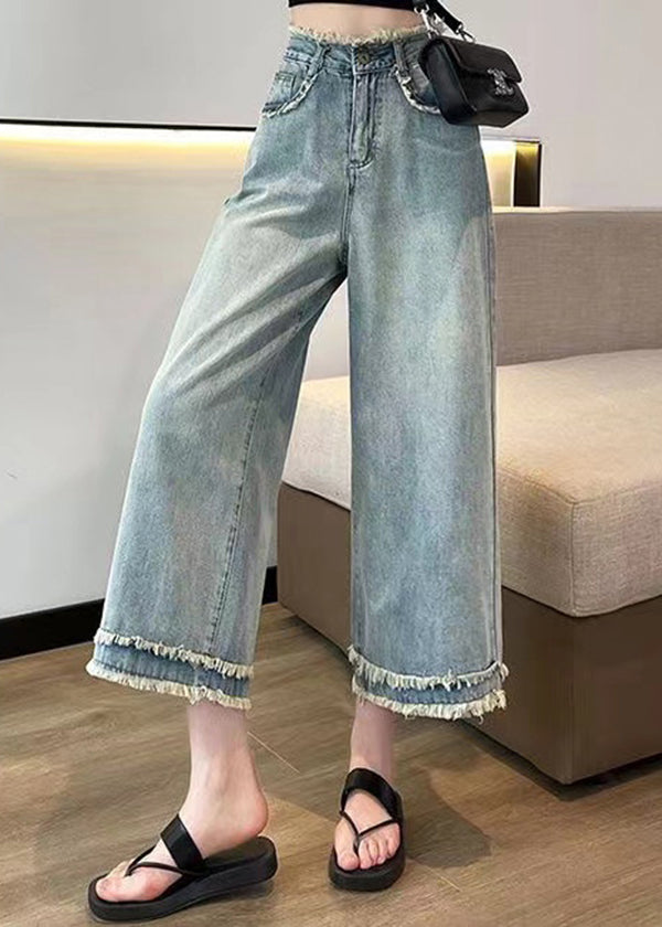Blue Tasseled Pockets Denim Wide Leg Pants Spring