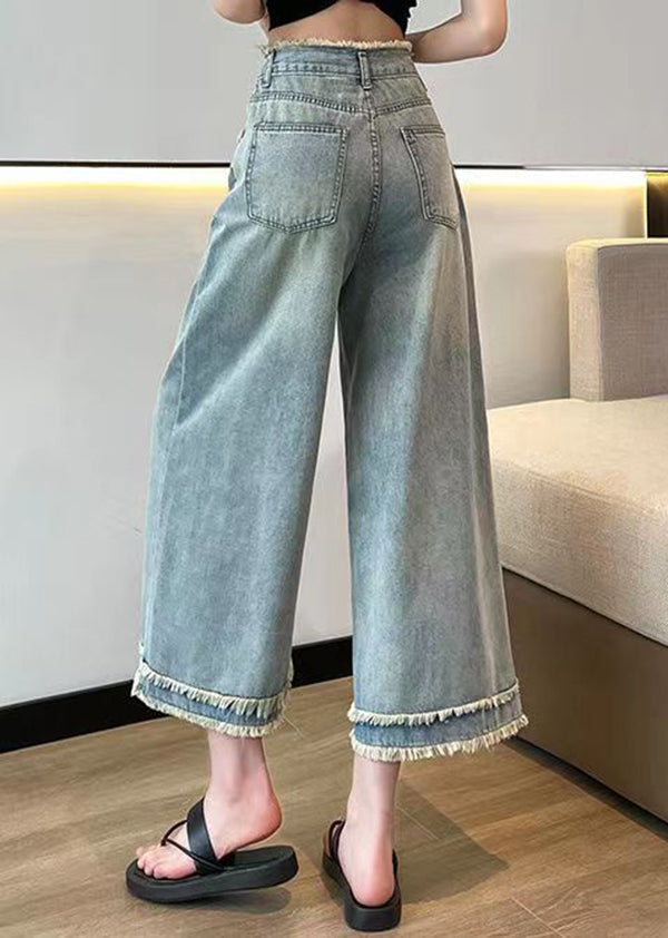Blue Tasseled Pockets Denim Wide Leg Pants Spring