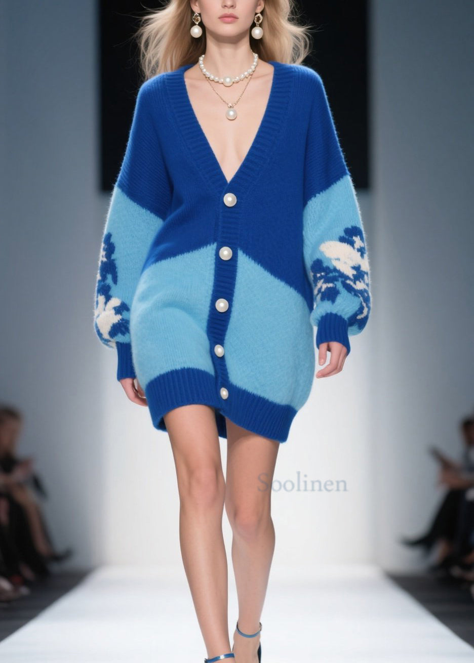 Blue V Neck Button Knit Loose Cardigans Fall