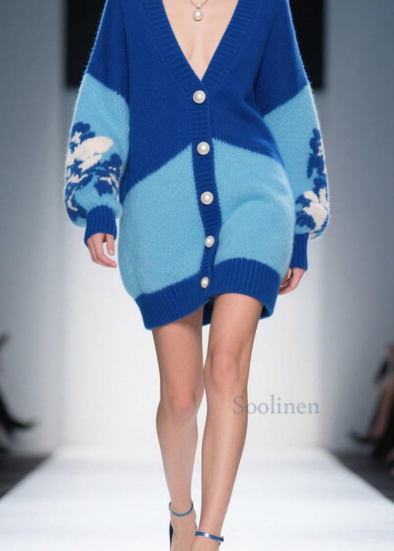 Blue V Neck Button Knit Loose Cardigans Fall
