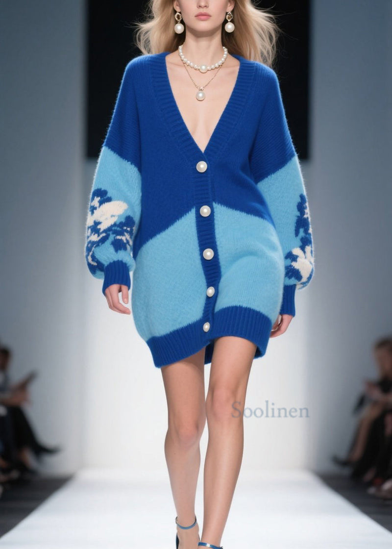 Blue V Neck Button Knit Loose Cardigans Fall