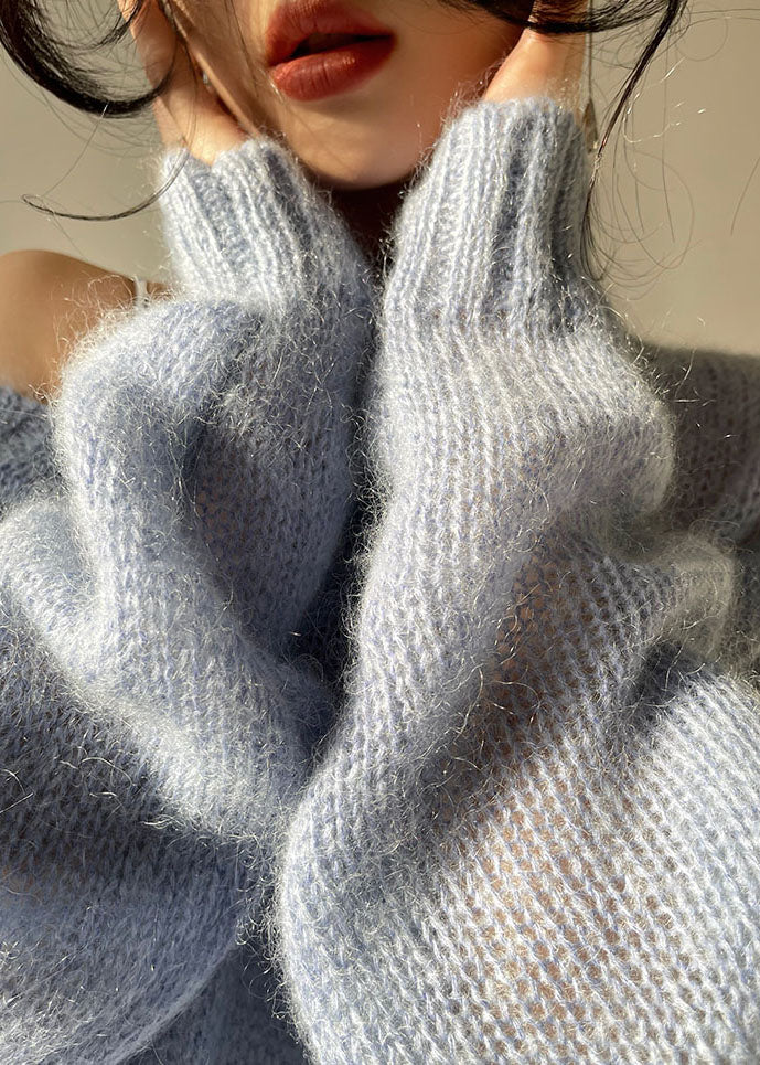 Blue V Neck Hollow Out Cozy Knit Sweater Tops Spring