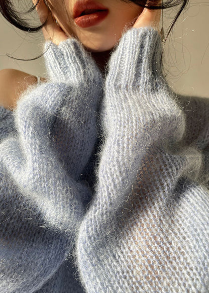Blue V Neck Hollow Out Cozy Knit Sweater Tops Spring