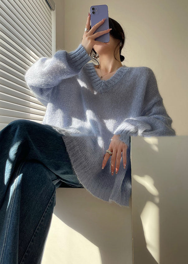 Blue V Neck Hollow Out Cozy Knit Sweater Tops Spring
