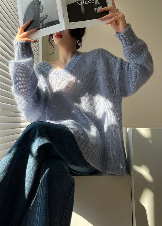 Blue V Neck Hollow Out Cozy Knit Sweater Tops Spring