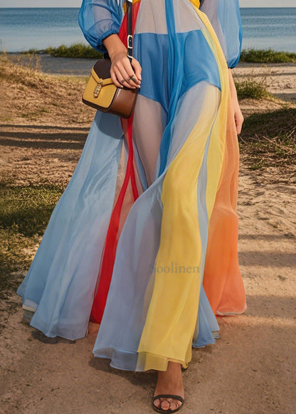 Blue V Neck Patchwork Tulle Maxi Dresses Summer