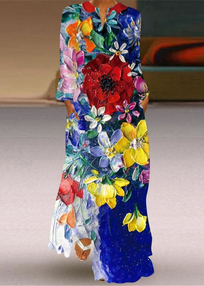 Blue V Neck Print Chiffon Ankle Dress Spring