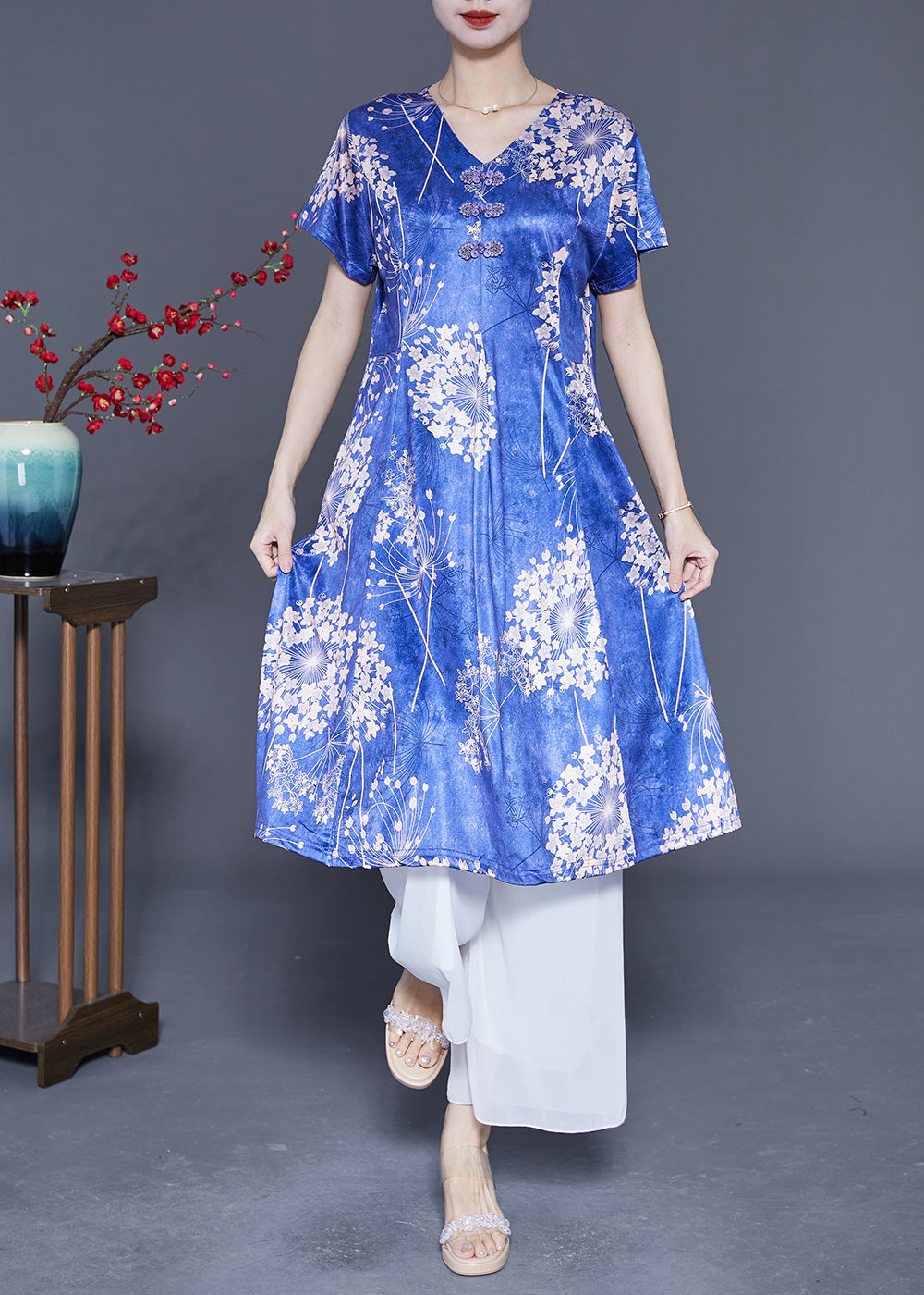 Blue V Neck Print Silk Holiday Dresses Summer