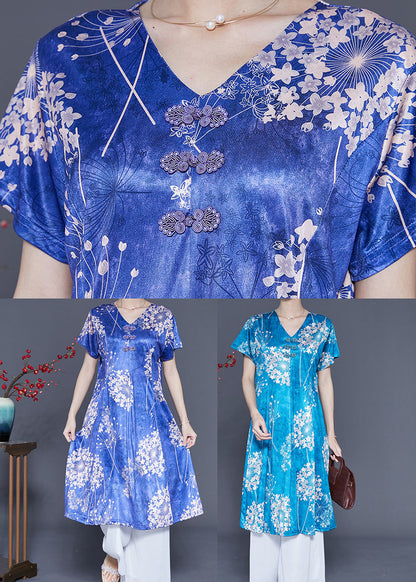 Blue V Neck Print Silk Holiday Dresses Summer