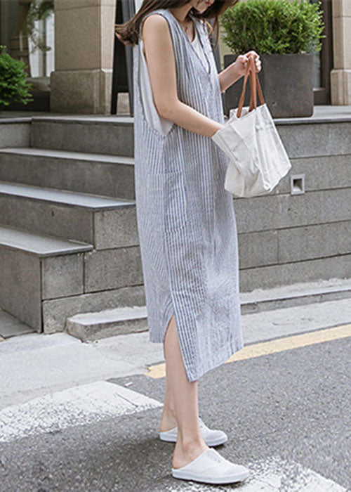 Blue V Neck Side Open Striped Cotton Beach Dress Summer