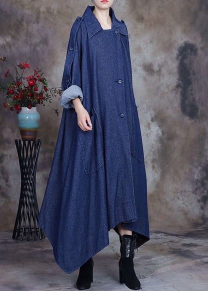 Blue Asymmetrical Design Button Peter Pan Collar Cotton Denim Trench Coats Spring