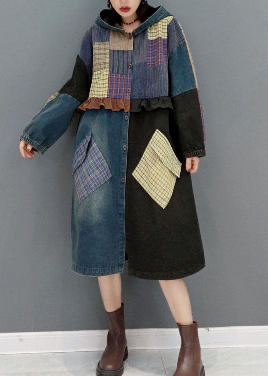 Blue Button Hooded Pockets Patchwork Denim Coats Spring