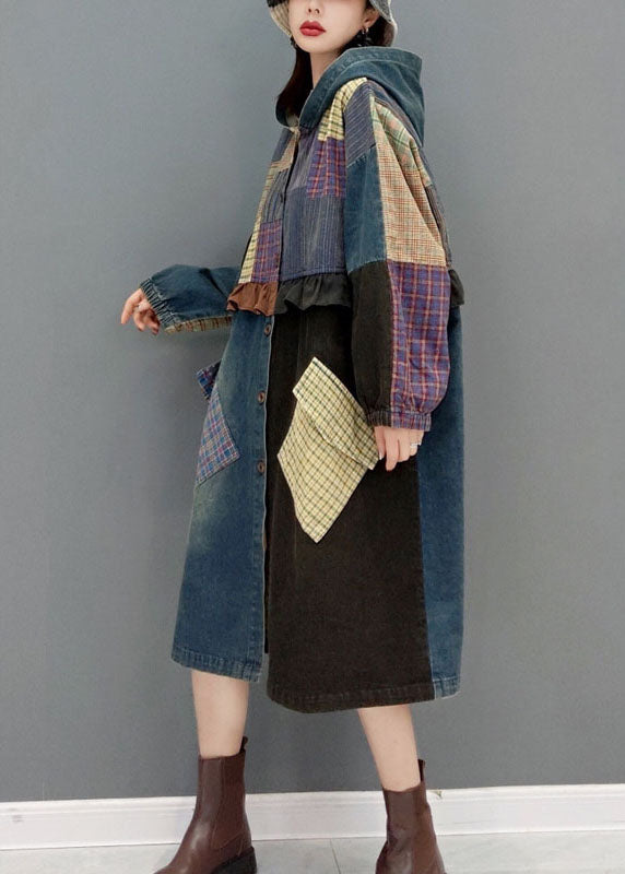 Blue Button Hooded Pockets Patchwork Denim Coats Spring