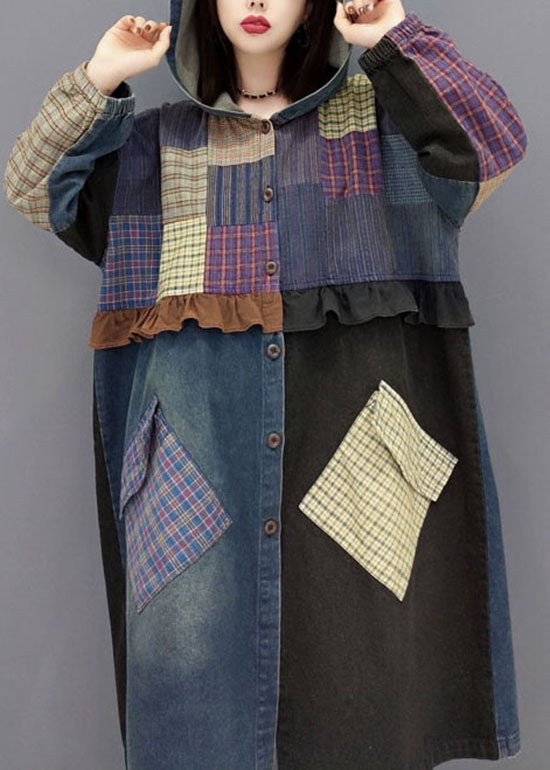 Blue Button Hooded Pockets Patchwork Denim Coats Spring