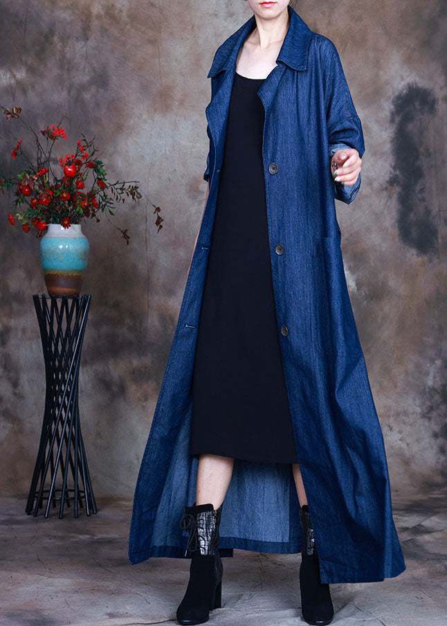 Blue Button Tie Waist Peter Pan Collar Cotton Denim Trench Coats Spring