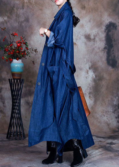 Blue Button Tie Waist Peter Pan Collar Cotton Denim Trench Coats Spring