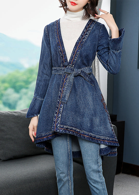 Blue Low High Design V Neck Embroideried Cotton Denim Trench Coats Long Sleeve