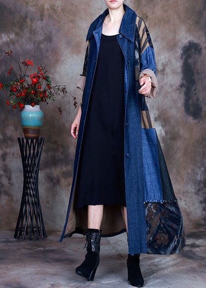 Blue Tie Waist Peter Pan Collar Patchwork Cotton Denim Trench Spring