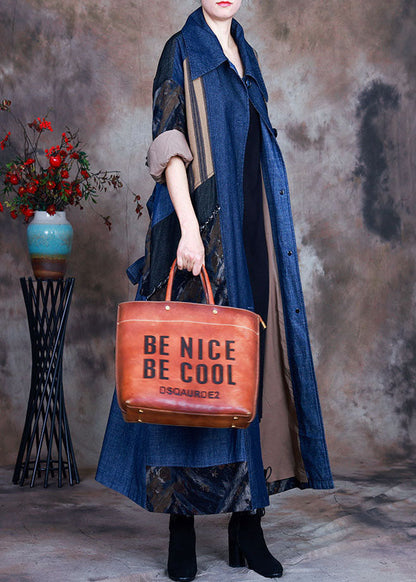 Blue Tie Waist Peter Pan Collar Patchwork Cotton Denim Trench Spring