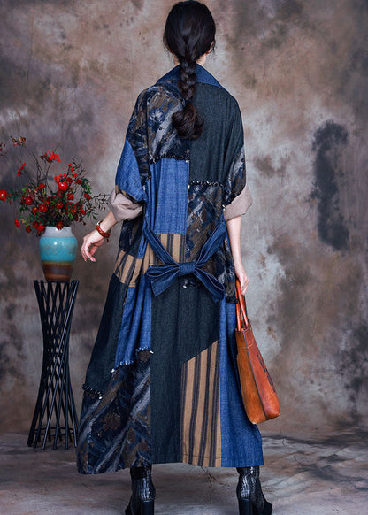 Blue Tie Waist Peter Pan Collar Patchwork Cotton Denim Trench Spring