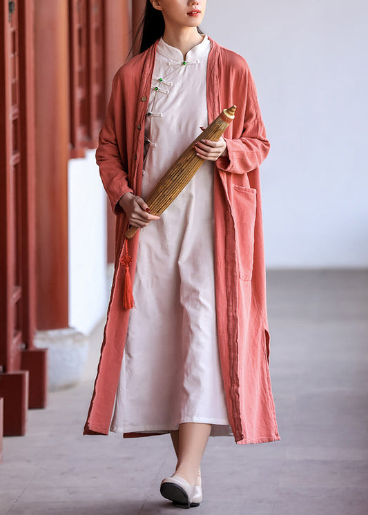 Brick Red Button Pockets Patchwork Cotton Long Coat Fall