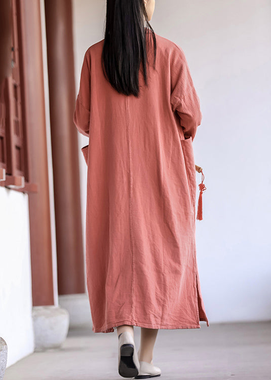 Brick Red Button Pockets Patchwork Cotton Long Coat Fall