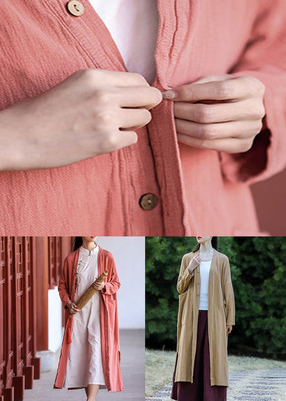 Brick Red Button Pockets Patchwork Cotton Long Coat Fall