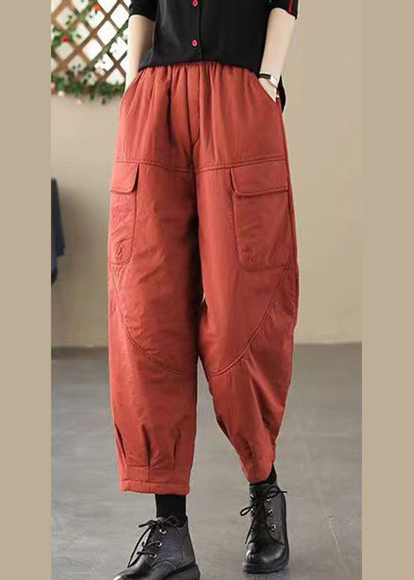 Brick Red Elastic Waist Pockets Fine Cotton Filled Pants Winter
