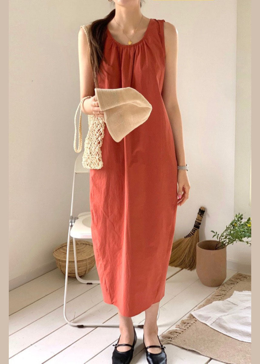 Brick Red O-neck Oversized Cotton Beach Dress Sleeveless