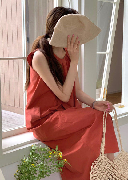 Brick Red O-neck Oversized Cotton Beach Dress Sleeveless