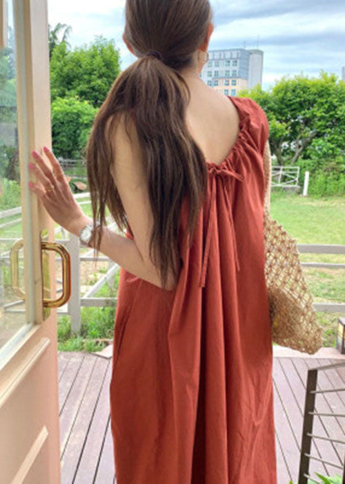 Brick Red O-neck Oversized Cotton Beach Dress Sleeveless