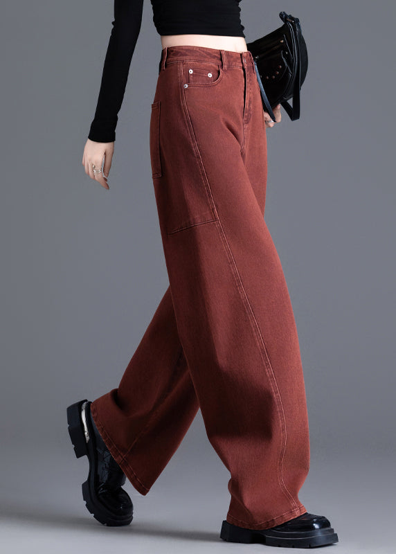 Brick Red Oversized Patchwork Denim Pants Spring