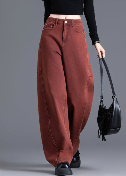 Brick Red Oversized Patchwork Denim Pants Spring