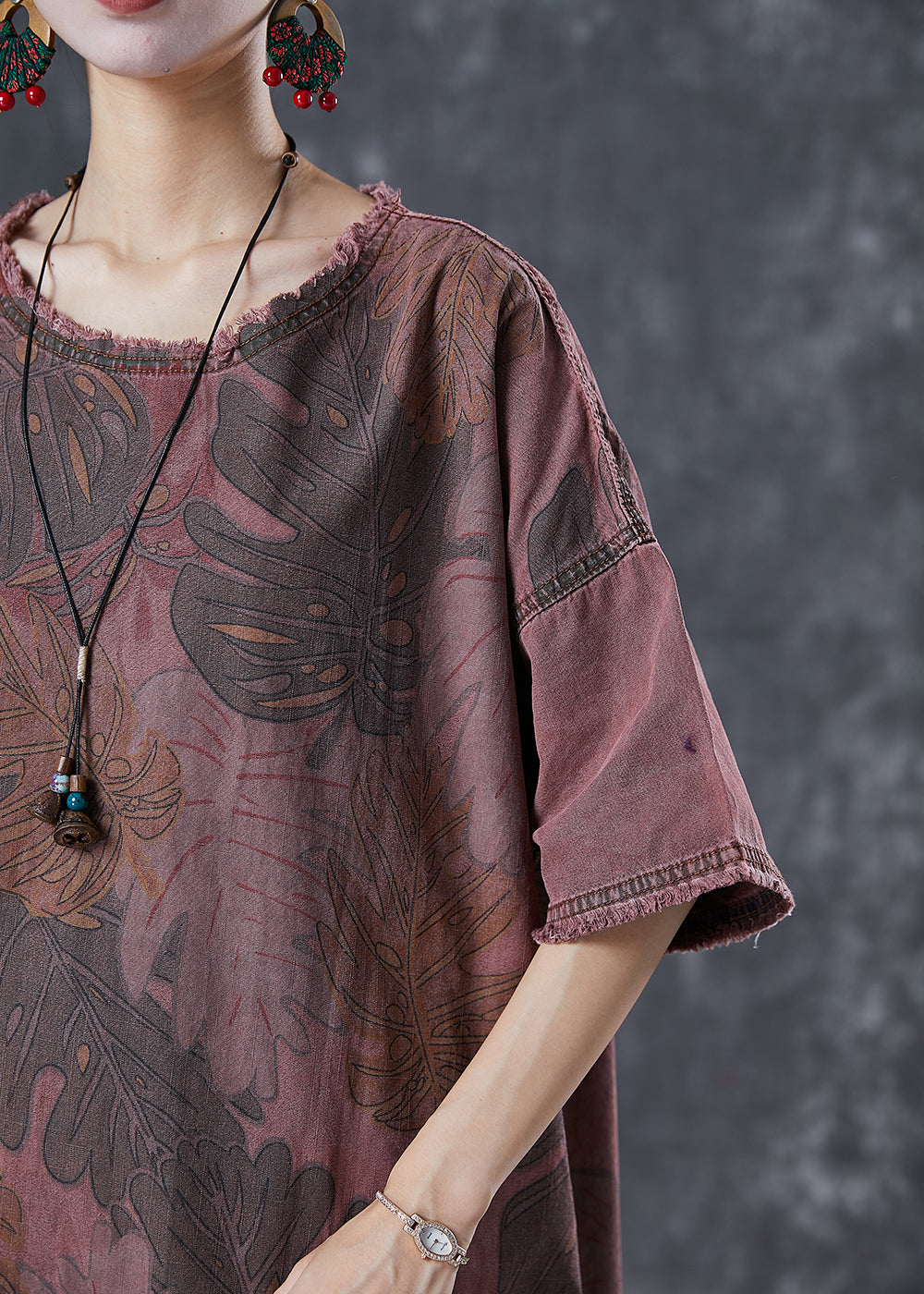 Brick Red Oversized Print Denim Dresses Winter