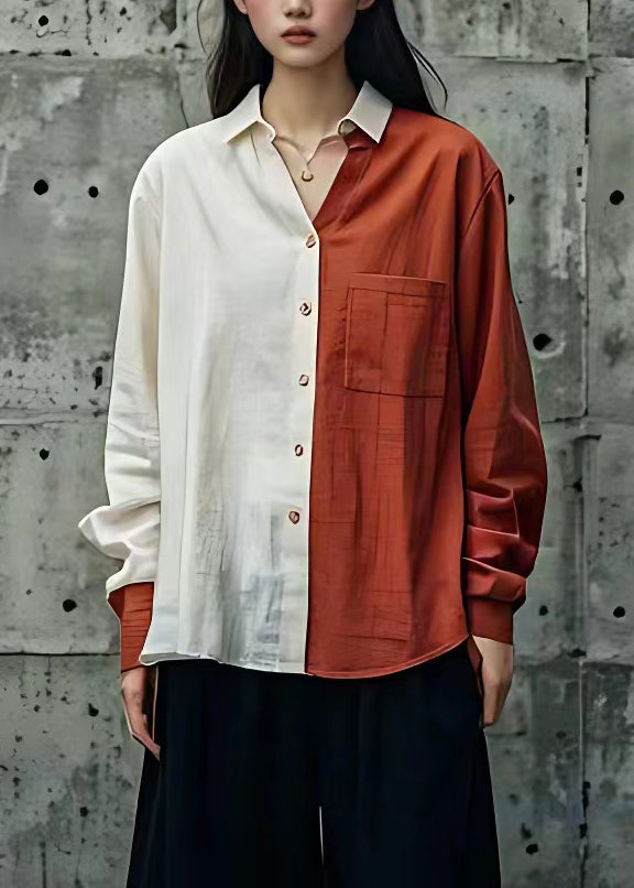 Brick Red Peter Pan Collar Patchwork Shirts Long Sleeve