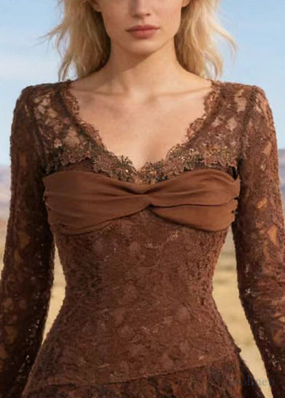 Brown Asymmetrical Patchwork Lace Mini Dress Spring