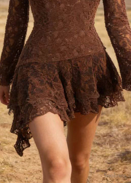 Brown Asymmetrical Patchwork Lace Mini Dress Spring