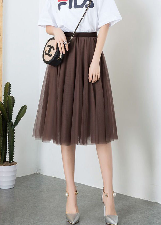 Brown High Waist Exra Large Hem Tulle Pleated Skirt Spring