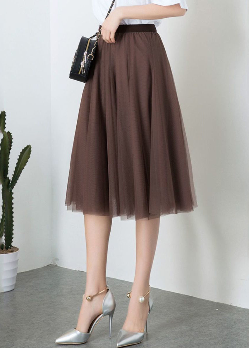 Brown High Waist Exra Large Hem Tulle Pleated Skirt Spring