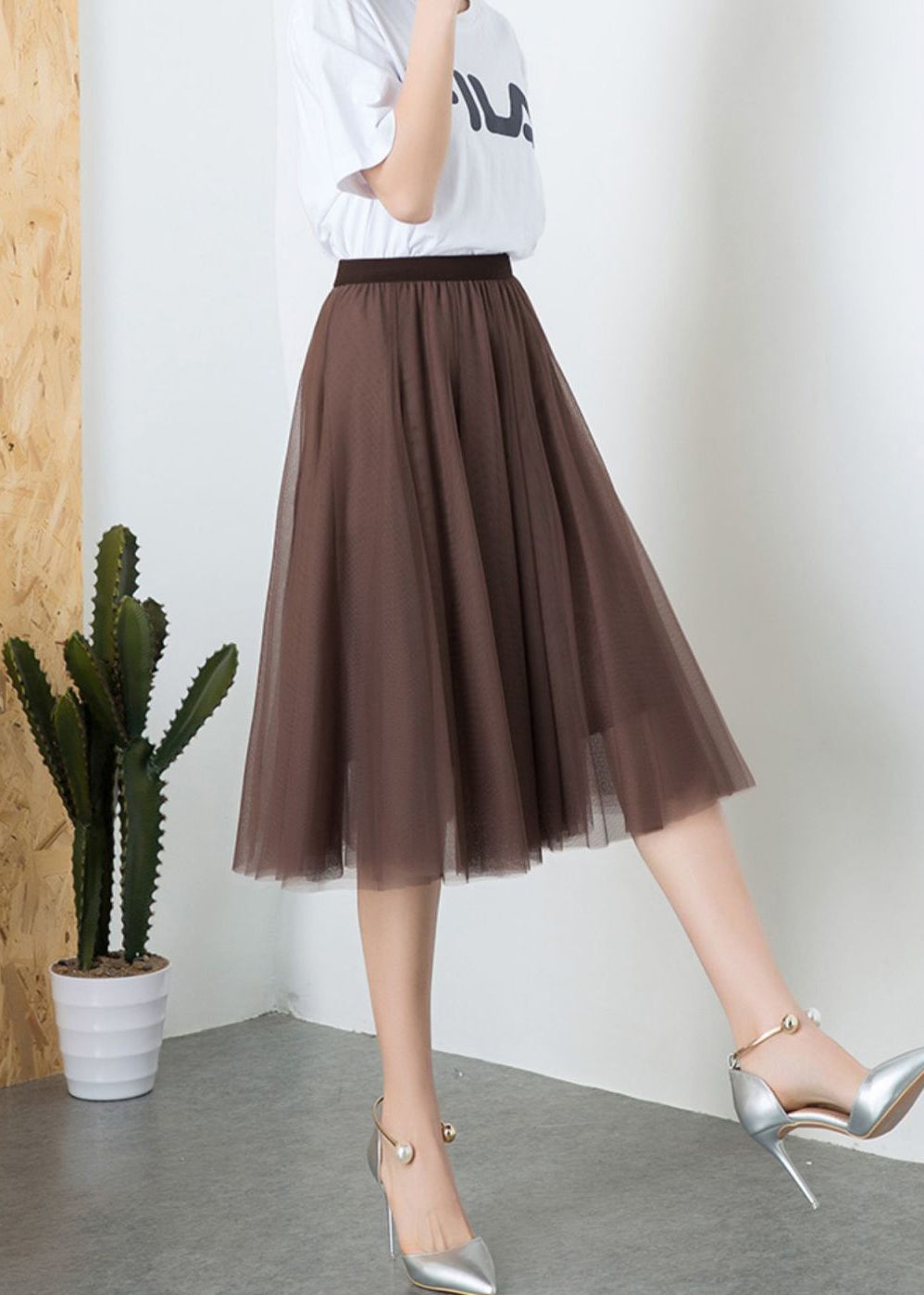 Brown High Waist Exra Large Hem Tulle Pleated Skirt Spring