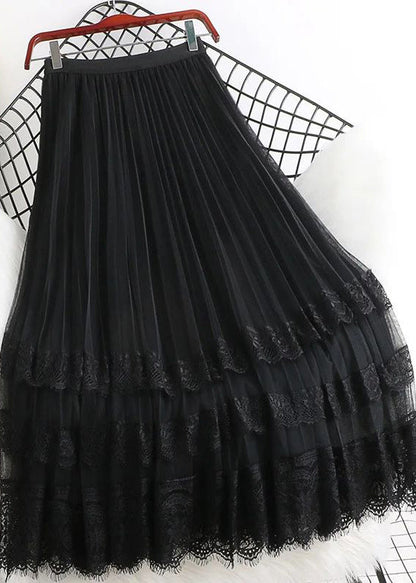 Brown High Waist Tulle Maxi Skirts Woman Mesh Lace Patchwork