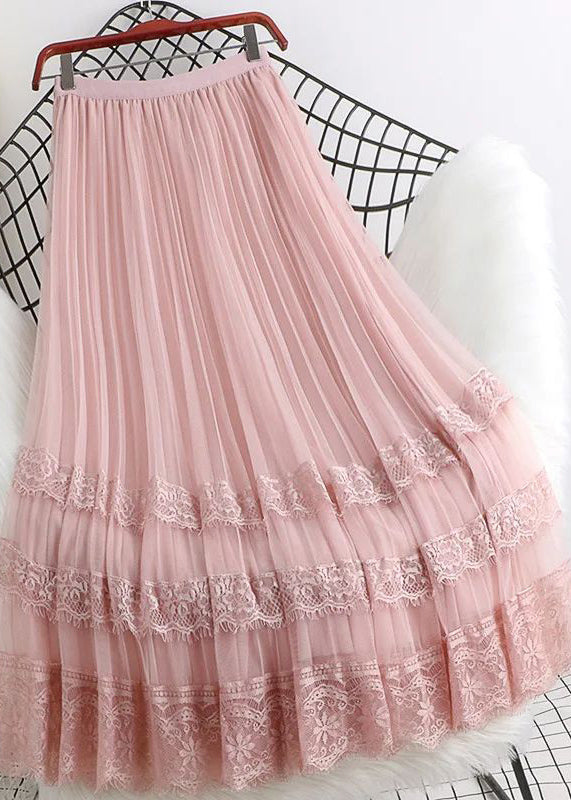 Brown High Waist Tulle Maxi Skirts Woman Mesh Lace Patchwork