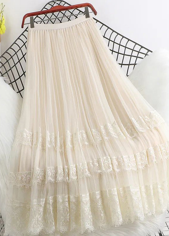 Brown High Waist Tulle Maxi Skirts Woman Mesh Lace Patchwork