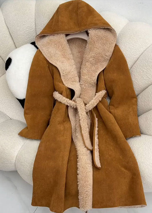 Brown Hooded Tie Waist Fleece Wool Lined Coat Winter