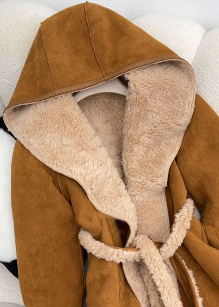 Brown Hooded Tie Waist Fleece Wool Lined Coat Winter