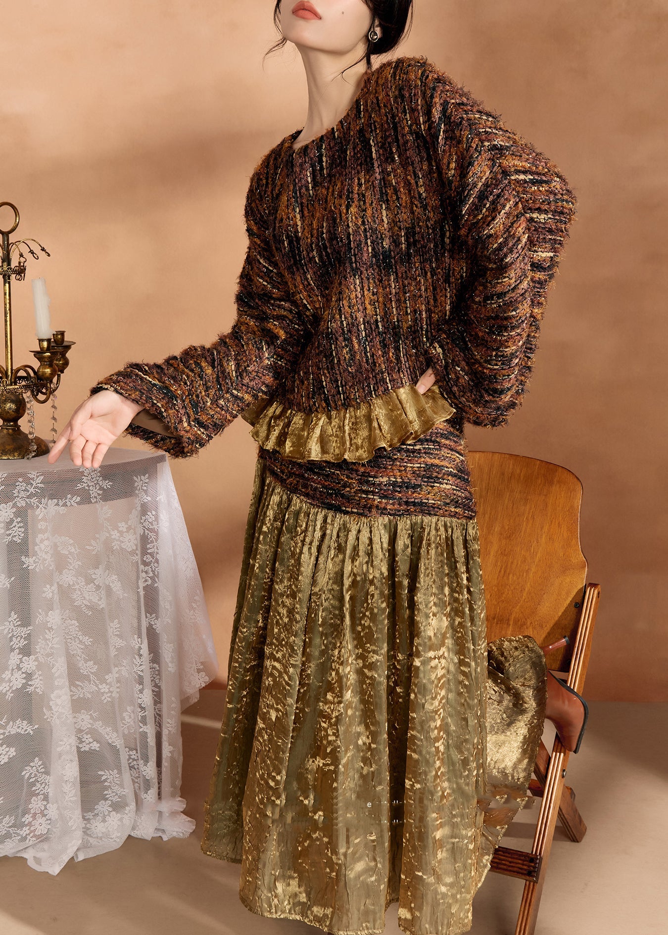 Brown Knit Sweaters and Silk Skirts Two Pieces Set Spring