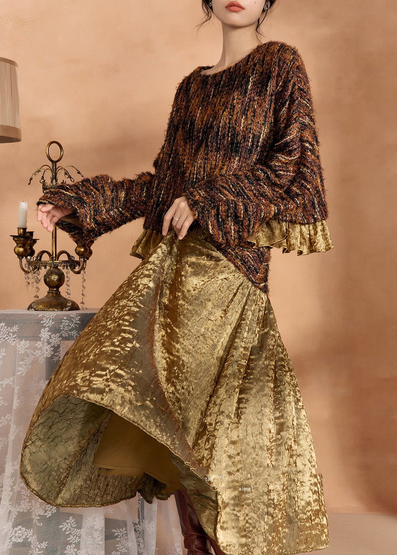 Brown Knit Sweaters and Silk Skirts Two Pieces Set Spring