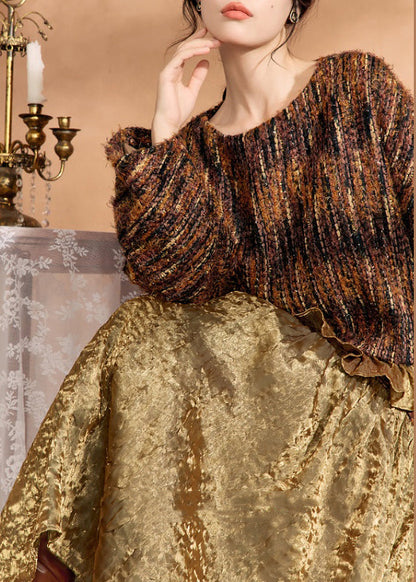 Brown Knit Sweaters and Silk Skirts Two Pieces Set Spring